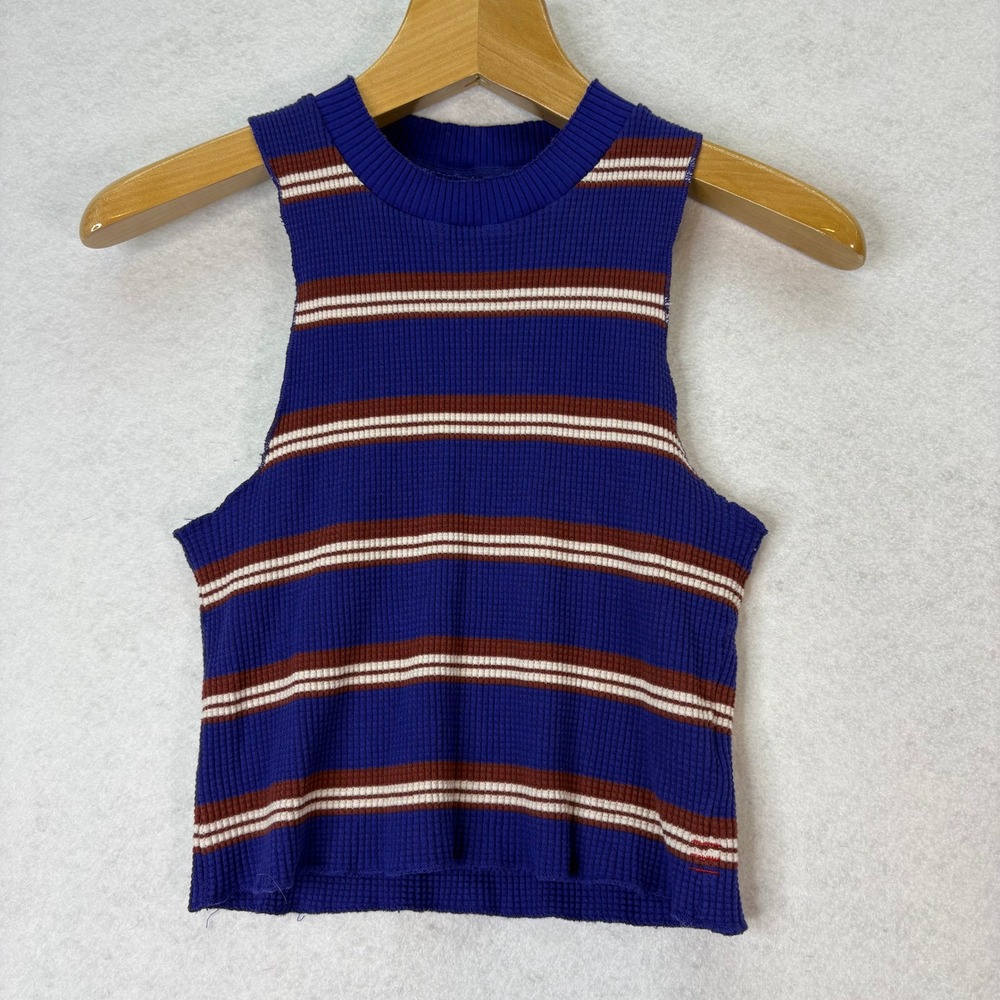 BDG Blue Striped‎ Paula Waffle Knit Tank Top Womens L Retro Indie Skate Grunge